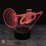 A Trumpet 3D acrylic illusion lamp glowing red on a black base against a black background. Dimension Lamps logo is visible in the bottom-left corner.