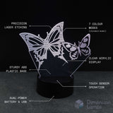 A 3D laser-etched acrylic butterfly night light on a black base, shown with callout lines and text labels explaining its features. 