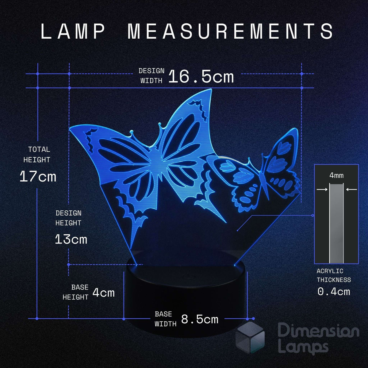 Lamp measurements showing a blue butterfly-shaped night light on a black base, with dimensions labelled 16.5cm design width, 17cm total height.