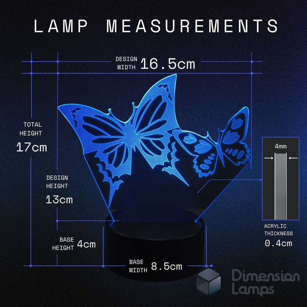 Lamp measurements showing a blue butterfly-shaped night light on a black base, with dimensions labelled 16.5cm design width, 17cm total height.