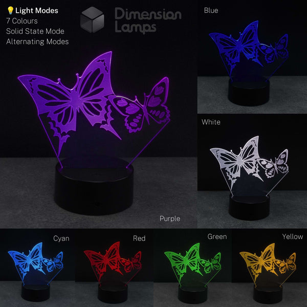 A collage showing a 3D lamp with butterfly designs on a black base, demonstrating different colours: purple, blue, white, cyan, red, green and yellow.