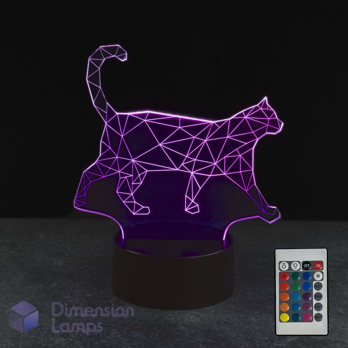 A 3D optical illusion LED night light shaped like a walking cat, glowing with purple light on a dark base, shown with a 16 colour remote control and a 'Dimension Lamps' logo watermark against a black background.