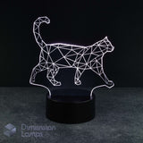 A 3D optical illusion lamp shaped like a walking cat, featuring a white geometric line design that glows against a black background, mounted on a round black base. A watermark for 'Dimension Lamps' is visible in the bottom-left corner.