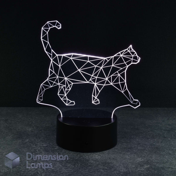 A 3D optical illusion lamp shaped like a walking cat, featuring a white geometric line design that glows against a black background, mounted on a round black base. A watermark for 'Dimension Lamps' is visible in the bottom-left corner.