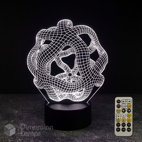 A 3D optical illusion lamp with a white wireframe warped space design on a black base, shown alongside its 7 colour sleep timer remote control against a dark background.