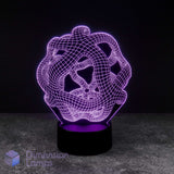 A 3D optical illusion LED night light with a glowing purple wireframe warped space design on a black cylindrical base, set against a dark background. Teens sci-fi gift.