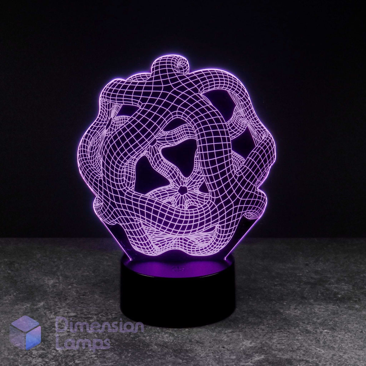 A 3D optical illusion LED night light with a glowing purple wireframe warped space design on a black cylindrical base, set against a dark background. Teens sci-fi gift.