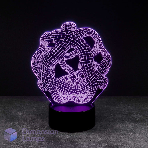 A 3D optical illusion LED night light with a glowing purple wireframe warped space design on a black cylindrical base, set against a dark background. Teens sci-fi gift.