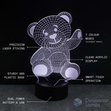Teddy bear-shaped lamp with technical specifications on a black background. Baby shower gift idea.