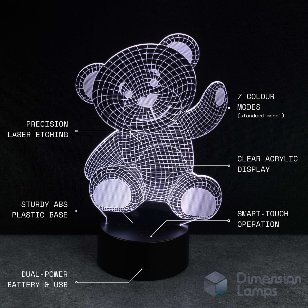 Teddy bear-shaped lamp with technical specifications on a black background. Baby shower gift idea.