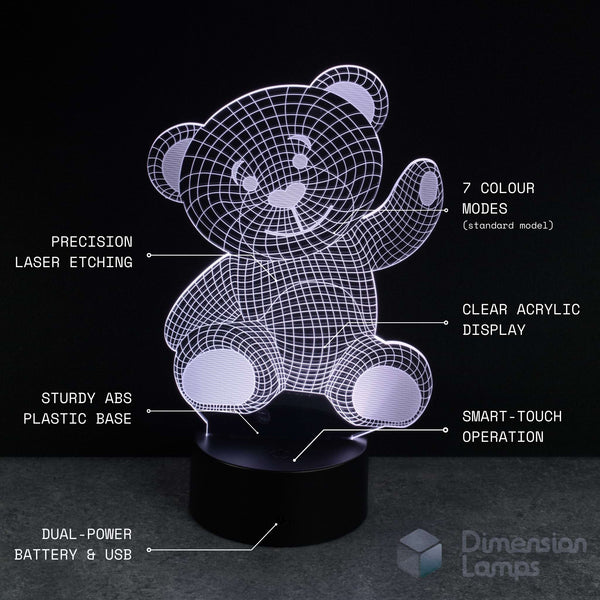 Teddy bear-shaped lamp with technical specifications on a black background. Baby shower gift idea.