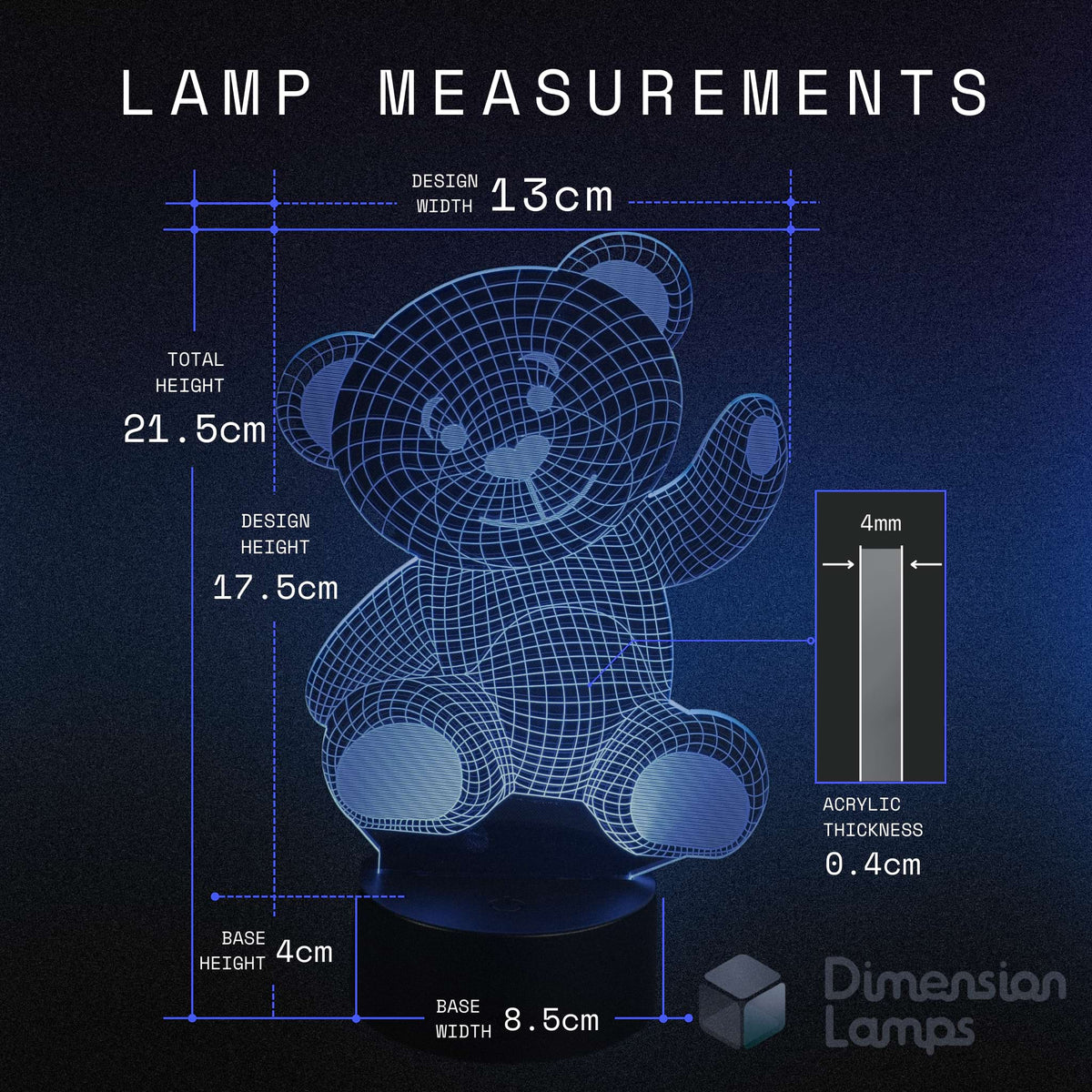 Measurement chart of a teddy bear-shaped lamp with dimensions on a dark background.