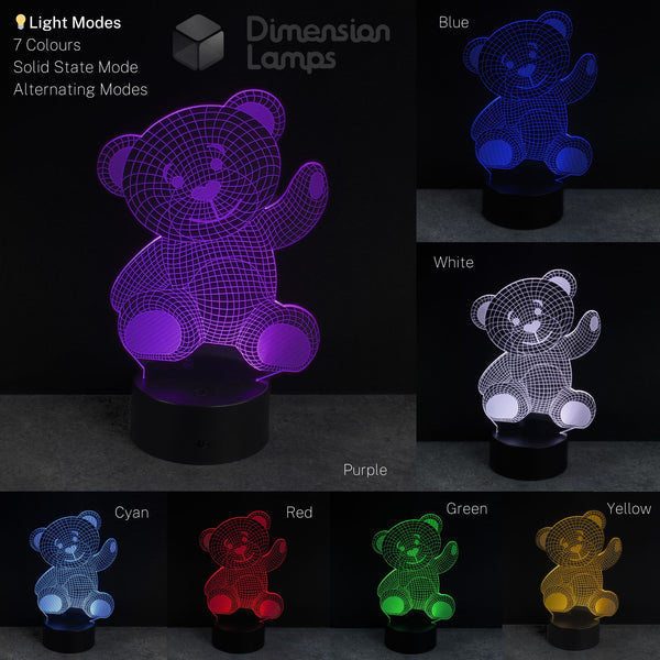 Teddy bear-shaped 3D lamp displaying various colour modes on a dark background. Infant gift idea.