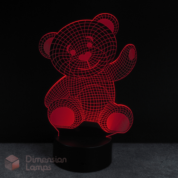 Infant gift idea, red teddy bear-shaped lamp on a black background with 'Dimension Lamps' branding.