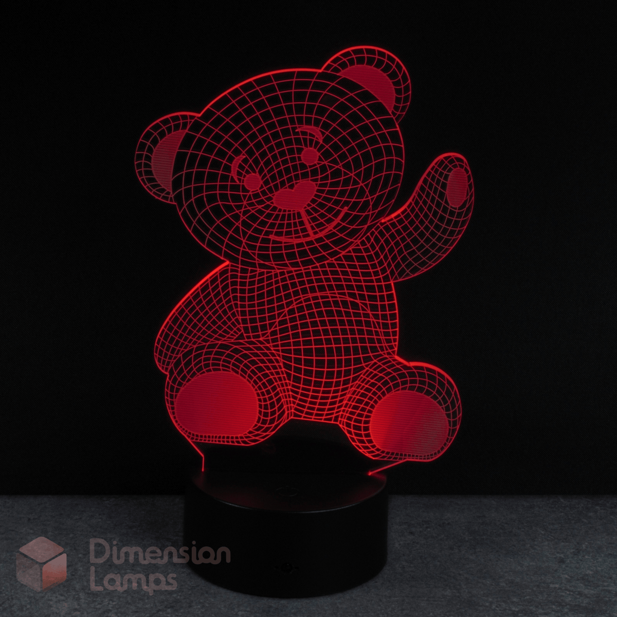 Infant gift idea, red teddy bear-shaped lamp on a black background with 'Dimension Lamps' branding.