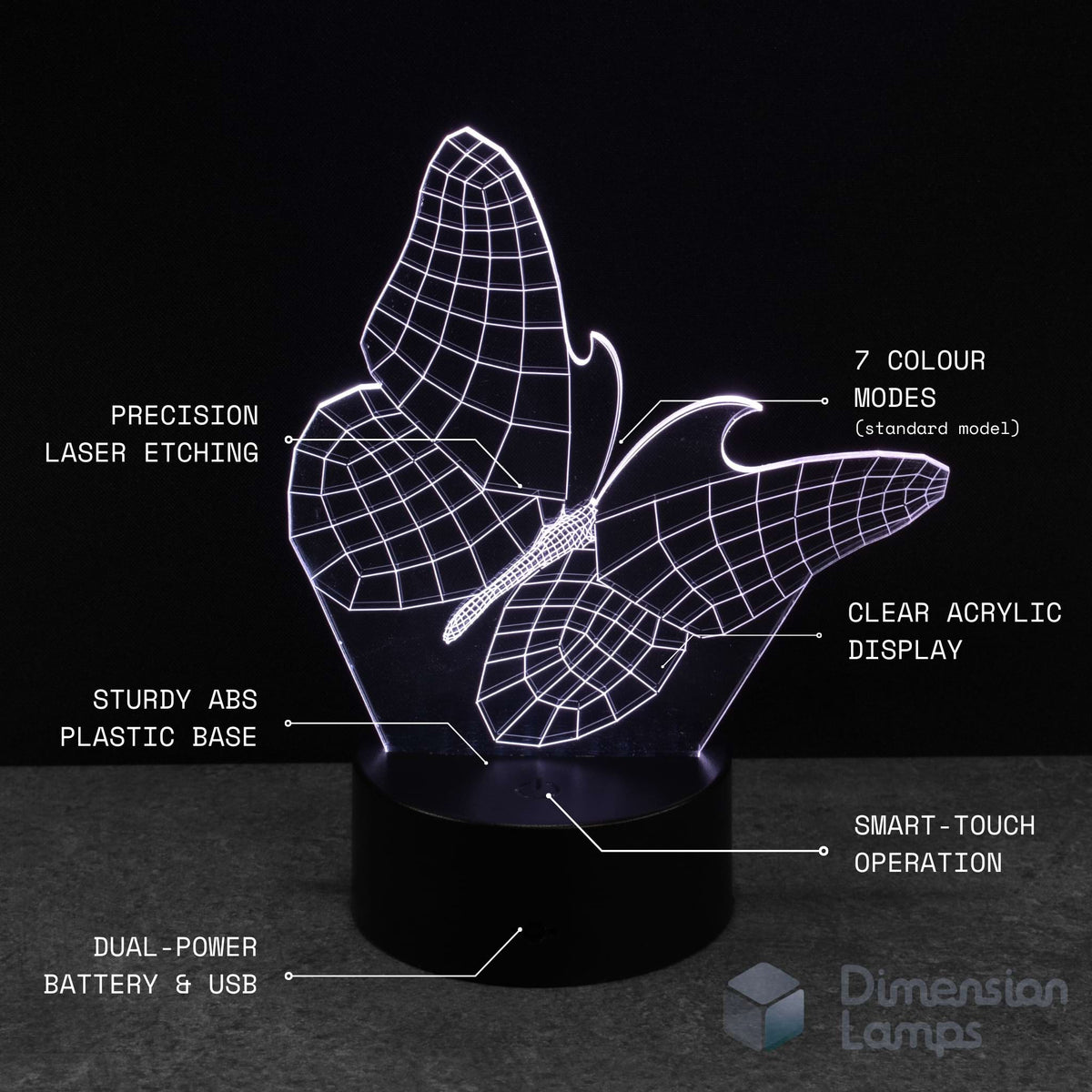 Butterfly-shaped night light with technical specifications on a black background. Girls night light.