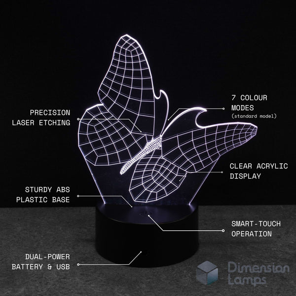 Butterfly-shaped night light with technical specifications on a black background. Girls night light.