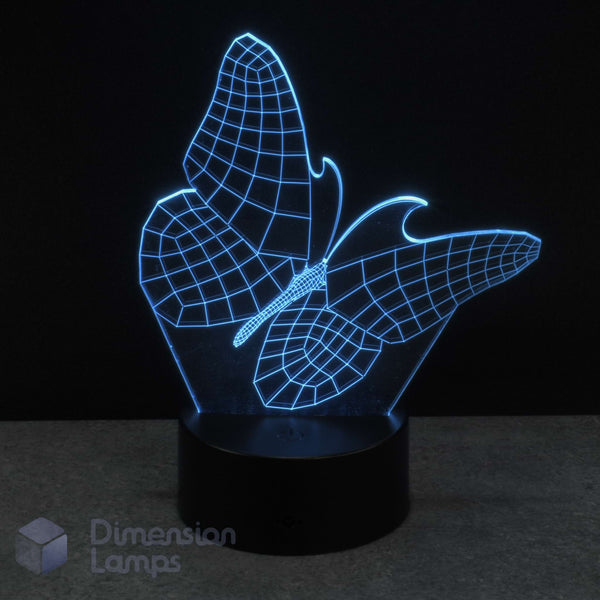 3D wireframe butterfly lamp with cyan light on a dark background. Girls gift idea.