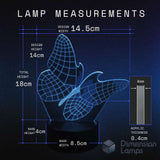 wireframe  butterfly-shaped lamp with measurements on a dark background