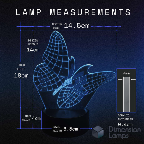 wireframe  butterfly-shaped lamp with measurements on a dark background