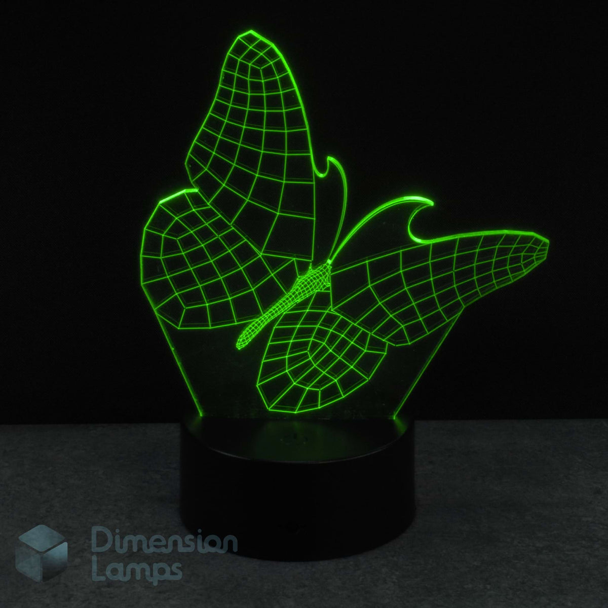 Green wireframe butterfly-shaped lamp on a black background with 'Dimension Lamps' branding. Girls gift idea.
