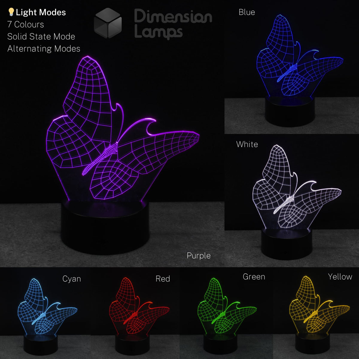 Butterfly-shaped 3D lamp displaying various colour modes on a dark background. Butterfly enthusiast gift idea.