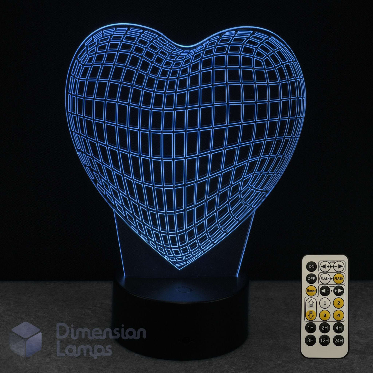 Wireframe heart-shaped 3D LED lamp with grid pattern and remote control on a dark background. Girls night light. 