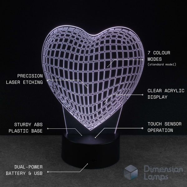 Wireframe heart-shaped LED lamp with technical specifications on a black background. For kids into hearts. 