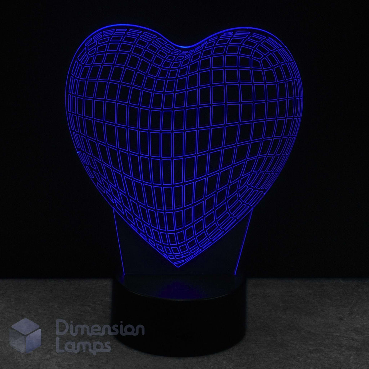 Wireframe heart-shaped 3D LED lamp with grid pattern glowing blue on a dark background. Girls gift idea. 
