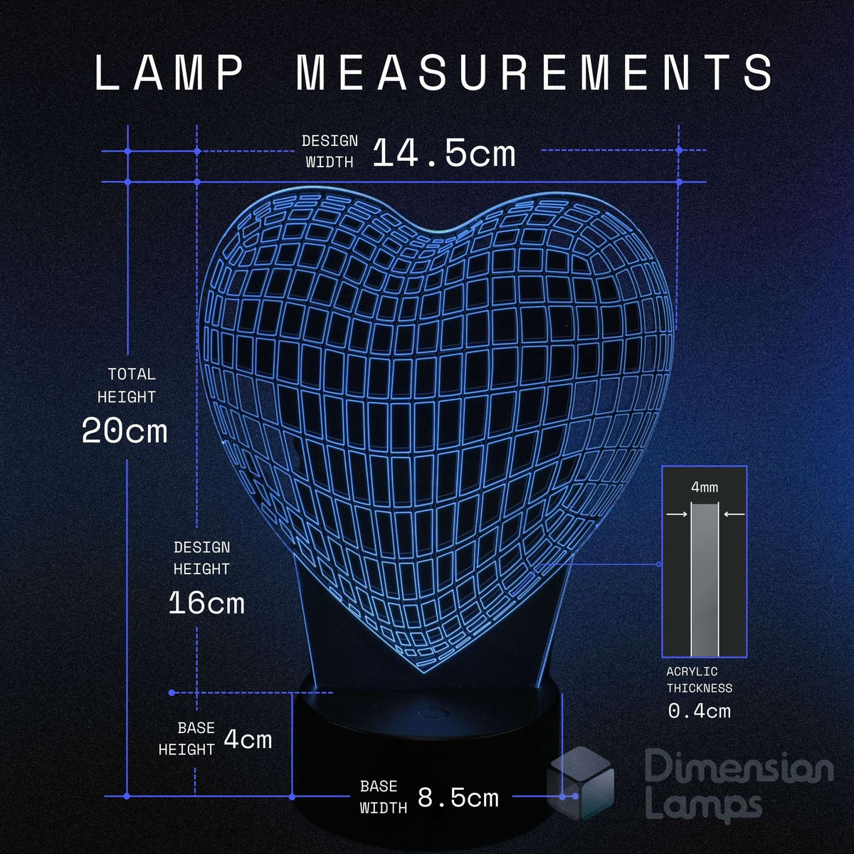 Wireframe heart-shaped lamp with measurements on a dark background. Girls gift idea. 
