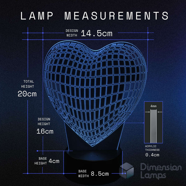 Wireframe heart-shaped lamp with measurements on a dark background. Girls gift idea. 