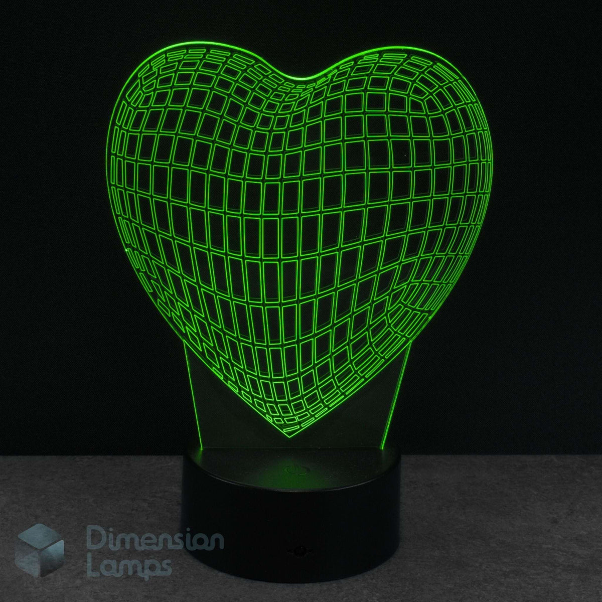 Wireframe heart-shaped lamp with grid pattern on a black background, branded 'Dimension Lamps'. Girls night light gift idea. 