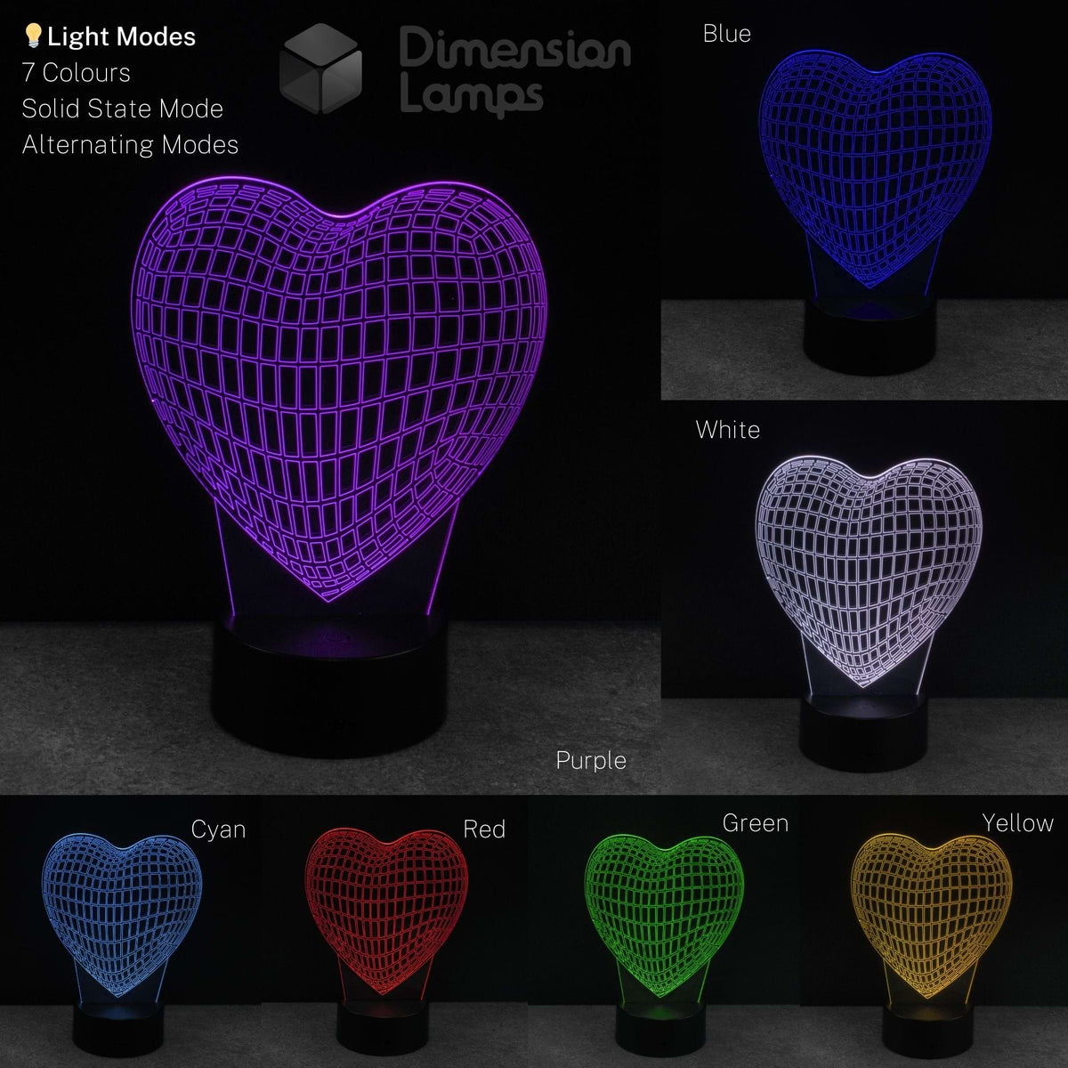 Wireframe heart-shaped 3D LED lamp displaying various colours on a dark background.