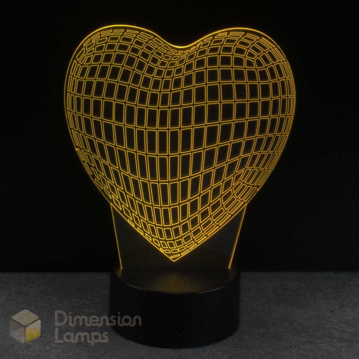 Wireframe heart-shaped lamp with grid pattern on a black background, branded 'Dimension Lamps'.