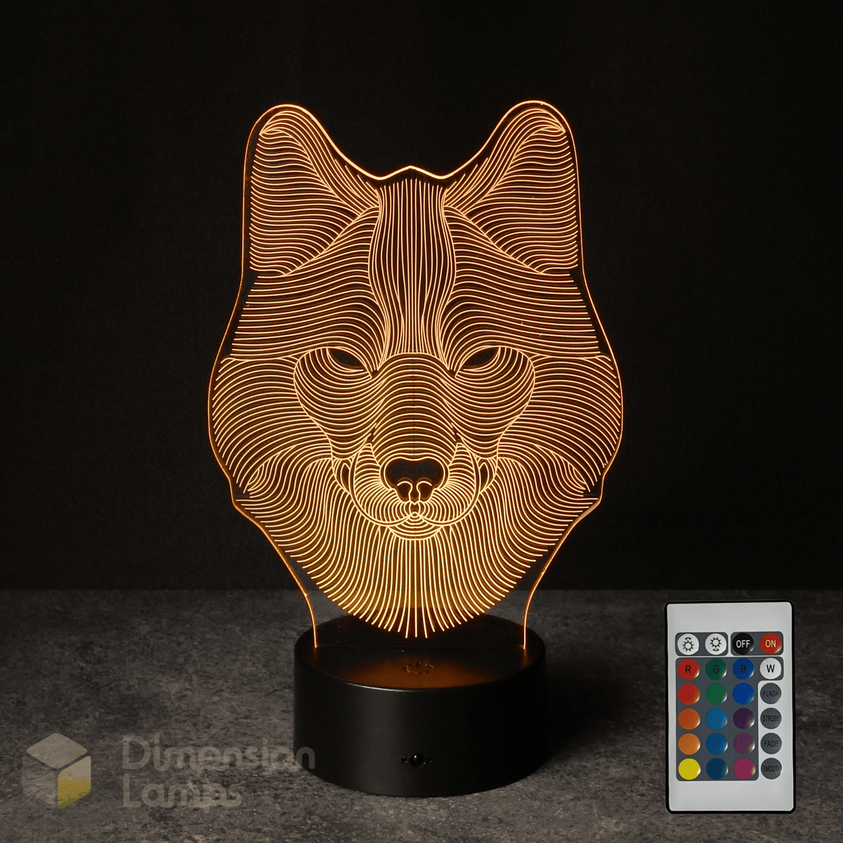 Wolf-shaped lamp with remote control on a dark background from Dimension Lamps Australia.