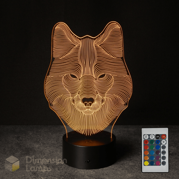 Wolf-shaped lamp with remote control on a dark background from Dimension Lamps Australia.
