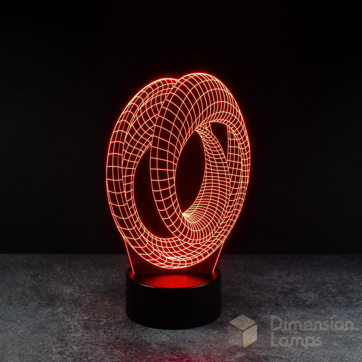 Red Mobius strip 3d night lamps: a continuous looped geometric design illuminated on a lamp, rising from a base against a dark background. A subtle nod to the complexities of Marvel Avengers Endgame for fans in Australia. 