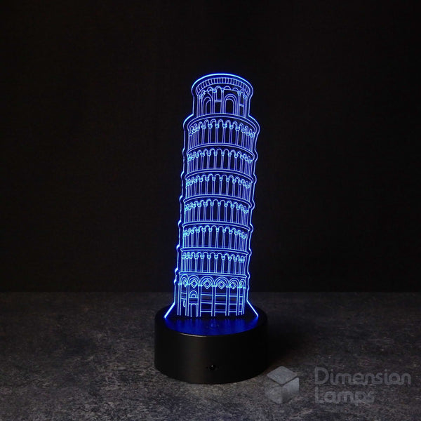 Blue Leaning Tower of Pisa lamp: a 3D representation against a dark background. A distinctive travel souvenir and home accent for those who appreciate Italian architecture in Australia.
