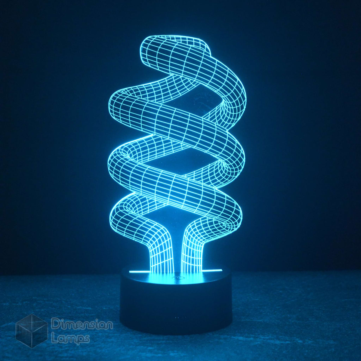 A blue illuminated 3D illusion lamp with a spiral design. Suitable as a study aid, providing a visually appealing and focused light source for study areas.
