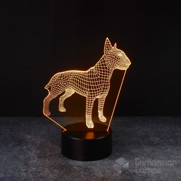 Bull Terrier 3D lamp: amber illuminated wireframe design on a black base. A unique gift for dog lovers and Bull Terrier owners' home decor in Australia.