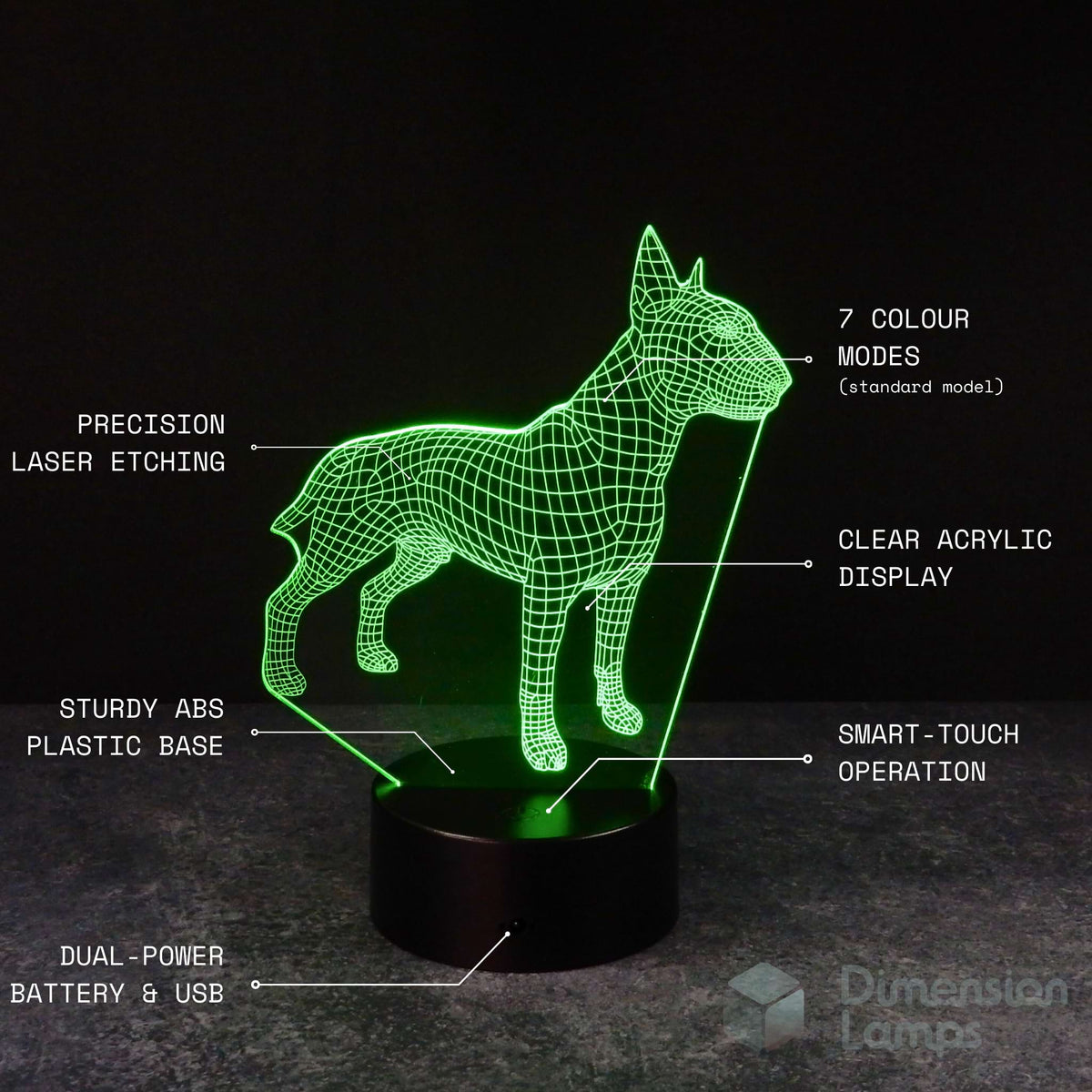 Detailed features of the 3D Bull Terrier illusion lamp: precision laser etching defining the dog's muscular build and unique head, seven colour modes, clear acrylic display, sturdy ABS plastic base, smart-touch operation, and dual power capability using batteries or USB. A wonderful gift for dog lovers in Australia.