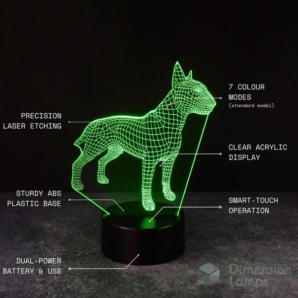 Detailed features of the 3D Bull Terrier illusion lamp: precision laser etching defining the dog's muscular build and unique head, seven colour modes, clear acrylic display, sturdy ABS plastic base, smart-touch operation, and dual power capability using batteries or USB. A wonderful gift for dog lovers in Australia.