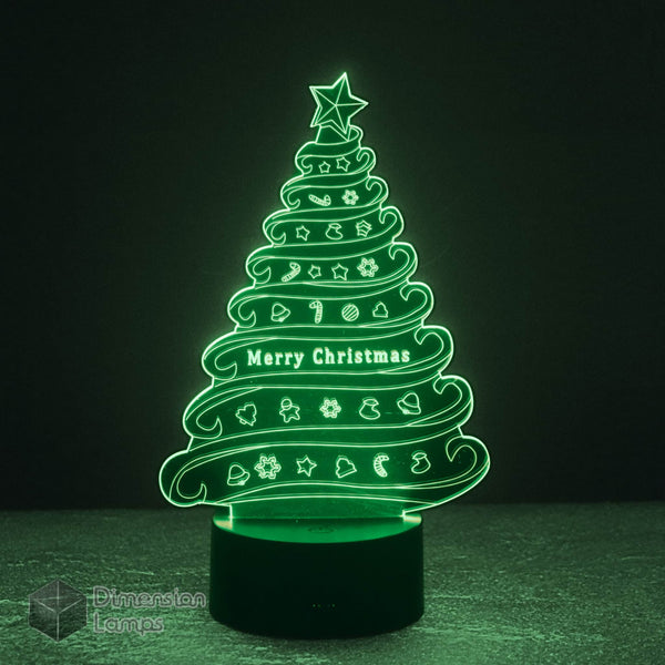 Christmas Swirl Tree 3D lamp: green festive lighting. Features a distinctive swirled tree design with 