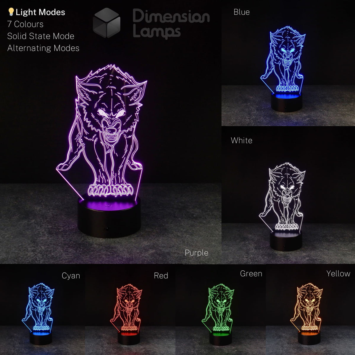 Nightlight options: A detailed 3D wireframe wolf lamp in a prowling stance, with striking eyes and visible teeth, shown in multiple colours: purple, blue, white, cyan, red, green, and yellow, each on a patterned black base. A cool teen gift in Australia.