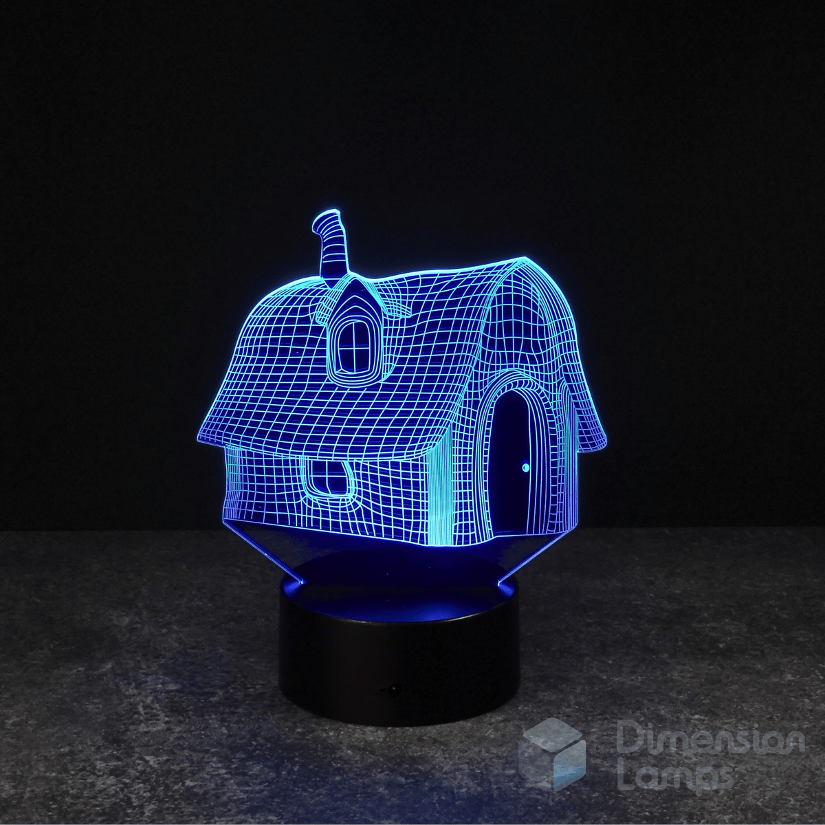 Nightlight: A 3D wireframe fairytale house lamp, glowing blue, featuring a chimney, curved roof, and arched door. It rests on a black base against a dark background. A magical house and unique fantasy gift. 
