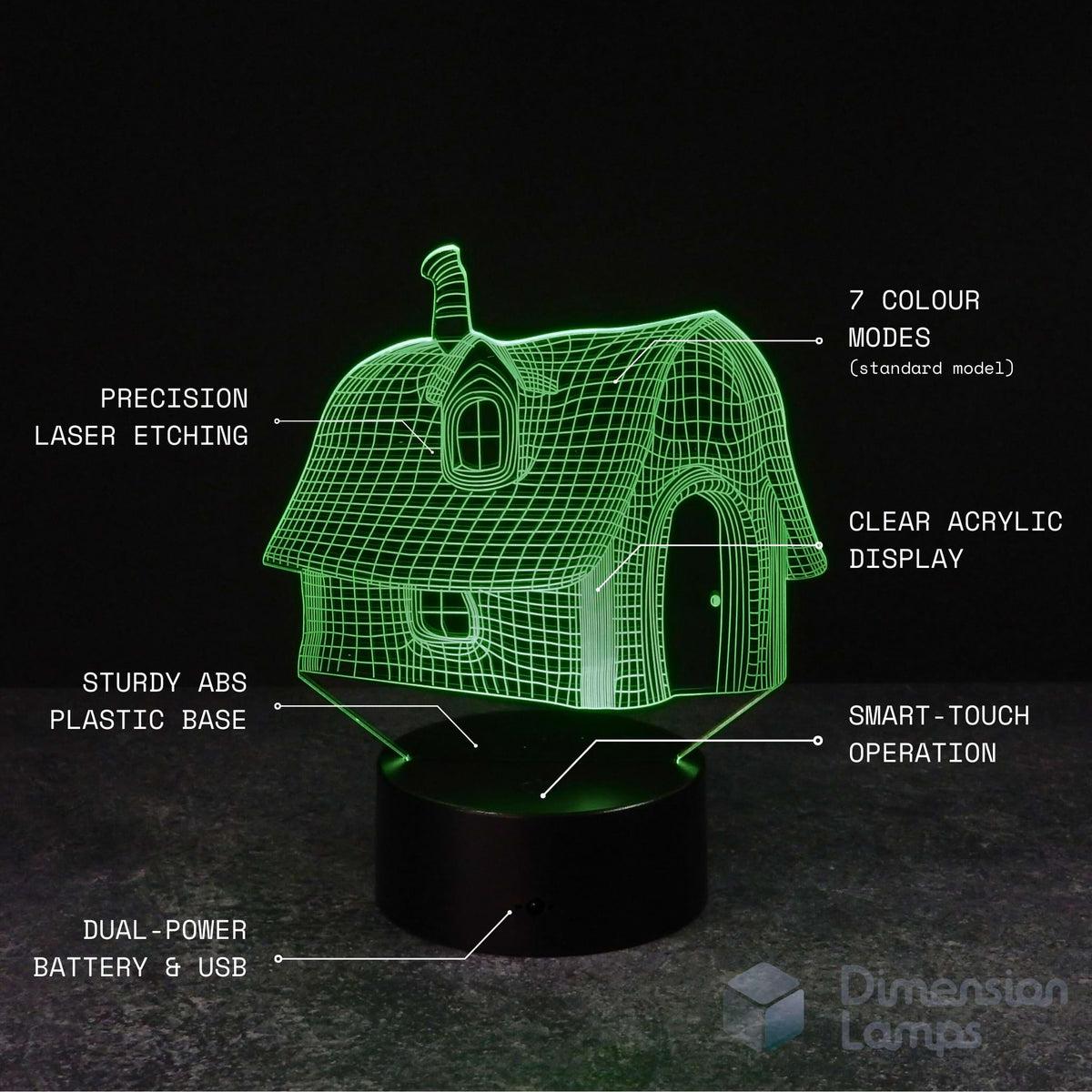Features of the Fairytale House 3D Lamp: precision laser etching forming a whimsical house shape with curved roof and arched door, 7 colour modes, clear acrylic display, sturdy ABS plastic base, smart-touch operation, and dual power via battery and USB. A magical house night light and fantasy gift in Australia. 