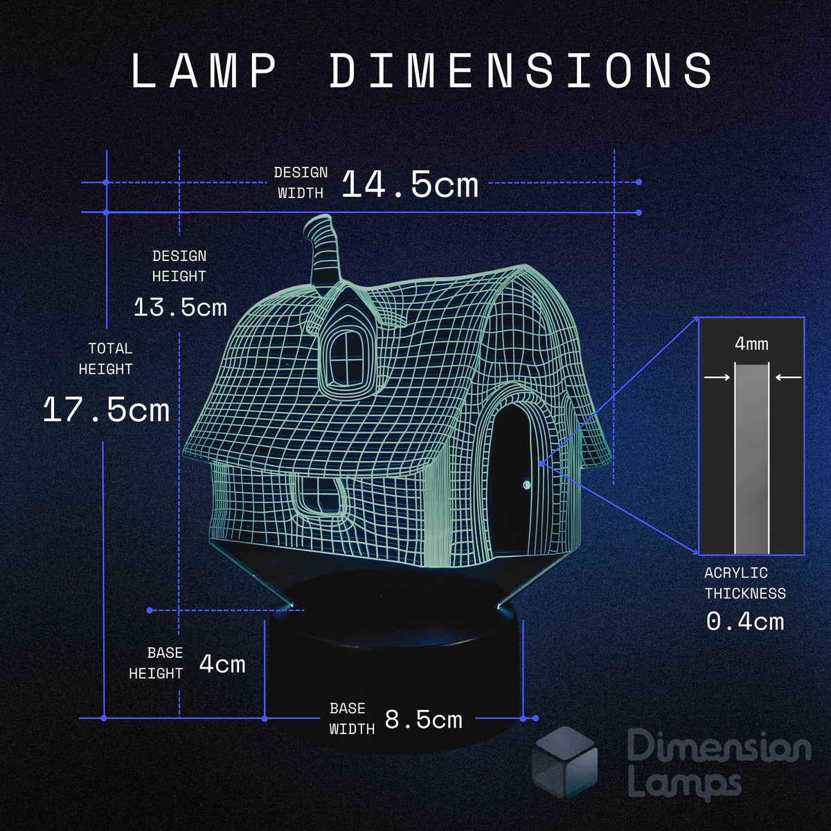 Technical measurements for a 3D fairytale house illusion lamp: design width 14.5cm, total height 17.5cm, design height 13.5cm, base height 4cm, base width 8.5cm, and acrylic thickness 0.4cm. A contemporary magical house night light and fantasy gift in Australia.