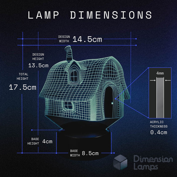 Technical measurements for a 3D fairytale house illusion lamp: design width 14.5cm, total height 17.5cm, design height 13.5cm, base height 4cm, base width 8.5cm, and acrylic thickness 0.4cm. A contemporary magical house night light and fantasy gift in Australia.