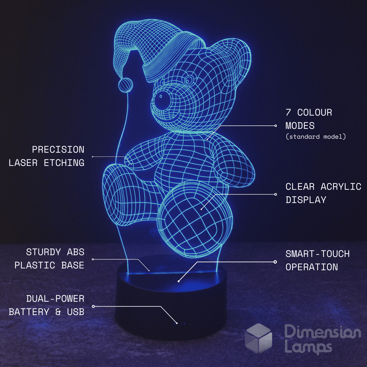 Teddy Bear Santa 3D Lamp features: infographic showing 7 colour modes, precision laser etching, clear acrylic display, strong ABS plastic base, smart touch operation, and versatile battery and USB power.