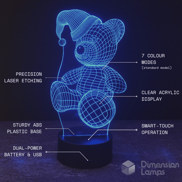 Teddy Bear Santa 3D Lamp features: infographic showing 7 colour modes, precision laser etching, clear acrylic display, strong ABS plastic base, smart touch operation, and versatile battery and USB power.